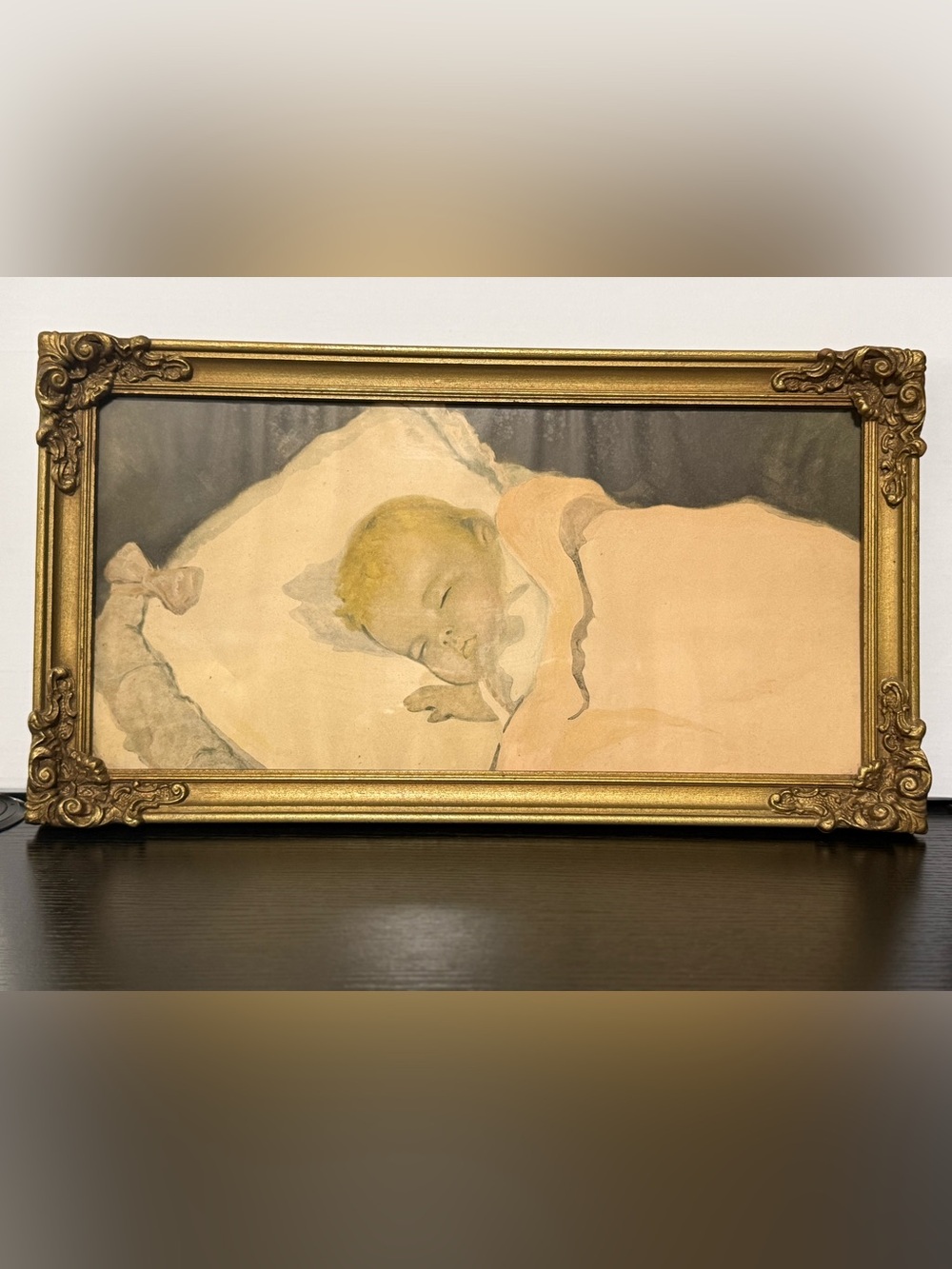 VTG 1930’s Illustration Print of Sleeping Baby Victorian Gilded Gold Wood Frame